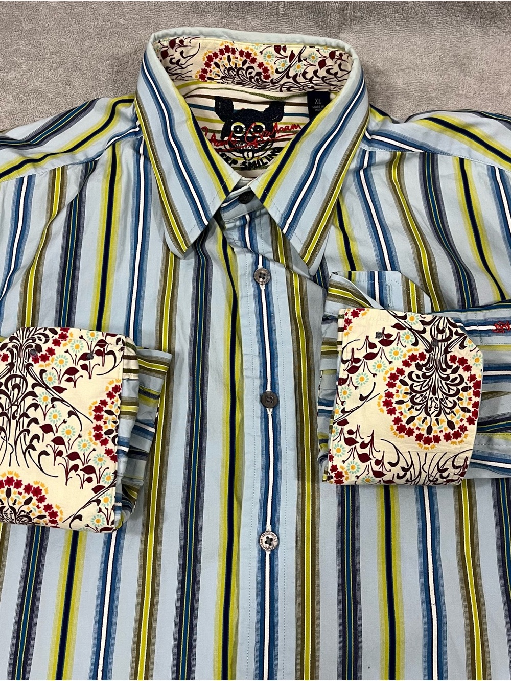 Robert Graham Shirt Mens XL Multicolor long Sleeve Flip Cuff Floral Keep Smiling